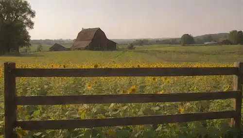 Un paisaje sereno de granja, girasoles floreciendo, animales felices vagando libremente, un exuberante prado verde, una cerca rústica, una puerta de granero de madera ligeramente ajar, cálida luz de la tarde
