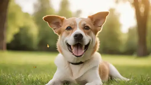Un perro feliz y energético con un abrigo corto, brillante, sentado o acostado en una exuberante hierba verde, con algunas mariposas que la rodean, a la luz del sol cálida, con un suave fondo de árboles o un enfoque borroso sutil