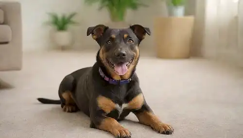 Un perro de pelo corto alegre y bien cuidado con un abrigo brillante, sentado o acostado en una superficie suave, rodeado de un entorno tranquilo y sereno, como un parque o sala de estar, con unos pocos toques sutiles de herramientas o accesorios cercanos, mostrando su piel sana y vibrante
