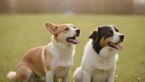 Perros felices con abrigos cortos, sentados en campo pastoso, rodeados de flores, aire olfateante, colas ondulantes y disfrutando de la luz del sol, con fondo borroso, colores cálidos y poca profundidad de enfoque