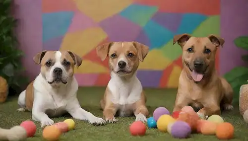 3-4 perros de pelo corto sentados o acostados en un fondo colorido
