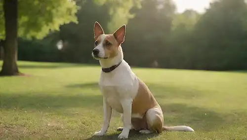 Un perro de pelo corto con un abrigo elegante, sentado tranquilamente en un parque, rodeado de exuberante vegetación y cielo soleado, posiblemente con su dueño caminando en el fondo, mostrando una textura de piel sana y brillante