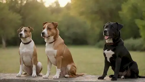 4-6 perros con pelo corto de pie o sentado en un entorno natural, diferentes razas y tamaños, iluminación cálida, pequeñas sombras, colores vibrantes, expresiones amistosas