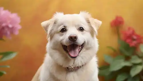 Un perro feliz con una textura específica para el cabello, de pie delante de un fondo coloreado, rodeado de hojas o flores de enfoque suave, con reflejo natural de la luz en su piel, mostrando diferentes ángulos y texturas