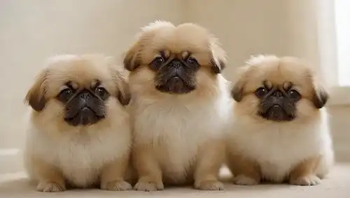 2-3 lindo Perros pekingos con capas suaves, rodeados de fondo blanco suave o de color crema, un cachorro posiblemente jugando con un juguete o bola, otros rebosándose entre sí o mirando hacia arriba algo, iluminación cálida y sombras suaves