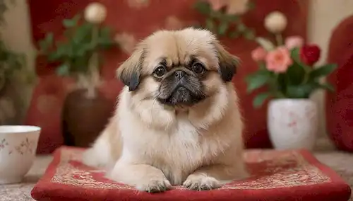 Feliz, suave, rizado Pekingese perro crianza con grandes ojos y cara plana, sentado en un cojín rojo o alfombra, rodeado de adornos, flores, y / o símbolos chinos tradicionales, en un ambiente cálido y acogedor, posiblemente con unos pocos wisps de vapor que suben de un set de té o palos de incienso