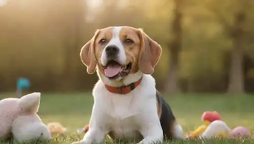 Amistoso y curioso beagle sentado en la hierba, rodeado de juguetes y golosinas, con una cola suave ondulando, cálida luz del sol brillando, ambiente suave, alegre y lúdica vibración, posiblemente algunas hojas o flores dispersadas cerca, enfoque suave, colores naturales