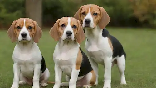 3-4 adorable Beagles con características únicas, de pie o sentado en un fondo verde, un Beagle americano y un Beagle Inglés lado a lado para la comparación, expresiones faciales lindas, iluminación natural suave, enfoque borroso suave en el entorno circundante, colores cálidos