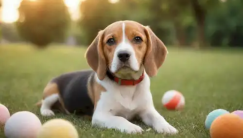 ilustración 3D de un cachorro Beagle sentado en una hierba verde con juguetes dispersos alrededor, rodeado de árboles y flores, con iluminación suave, colores cálidos y un efecto borroso sutil, transportando inocencia y amistad