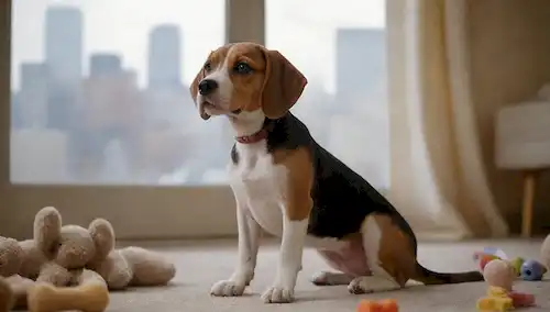 Un cachorrito juguetón y curioso con una cola ondulante, rodeado de juguetes y golosinas, en un cálido y acogedor salón con una gran ventana que deja en la luz natural, con un esbozo débil de un paisaje urbano fuera