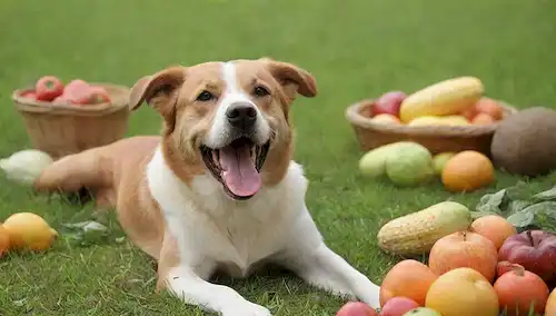 Un perro juguetón rodeado de frutas y verduras coloridas, un sistema digestivo feliz, una bacteria intestinal sonriente, un estómago calmado sin litera, una brisa refrescante soplando a través de hojas, un fondo verde prado