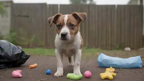 Una escena desordenada del patio trasero, con una mancha marrón, una bolsa de basura rota, juguetes de perro dispersos, y un cachorro de aspecto curioso en el centro