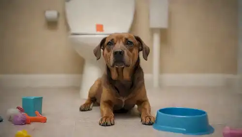 Un perro sentado junto a un cuenco con una tapa abierta, rodeado de juguetes y golosinas, una expresión culpable en su cara, una mancha marrón o mancha en el suelo, una figura humana desconcertada en el fondo, un sentido de desorden y caos