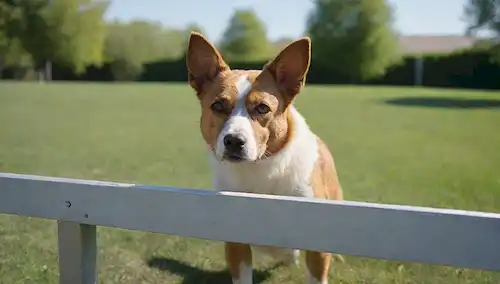 Un perro rodeado de, una simple valla de madera con, tiras de aluminio o láminas de plástico adheridas a su parte superior y los lados, en un entorno exterior sereno como, un parque o patio trasero, con un ambiente tranquilo con, unos pocos árboles, un poco de hierba y un cielo azul claro
