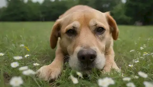 un perro juguetón olfateando hierba en un parque, tiro de un perro de la nariz que explora vegetación, perro feliz acostado cerca de un exuberante prado, un cachorro curioso que investiga un parche de flores silvestres