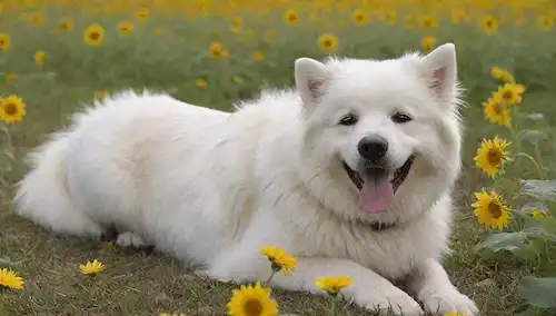 Un perro blanco sonriente con un pelaje suave