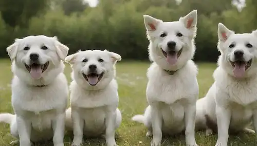3-4 perros blancos con diferentes longitudes de capa y texturas, caras sonrientes, ojos brillantes, jugando o sentado en un prado iluminado por el sol rodeado de hierba verde, flores y árboles, sin signos de decoloración o daño en su piel