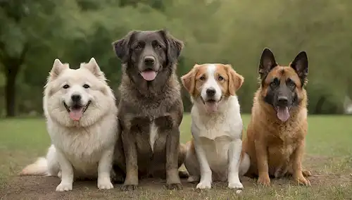 3 perros con diferentes colores de capa y razas, uno sentado, uno de pie, uno acostado, cada uno mostrando un signo sutil pero inconfundible de la diarrea, como un posicionamiento incaracterístico de su cola o un indicio de taburete manchado en su piel, puesto en un fondo cálido y natural como un parque o patio trasero