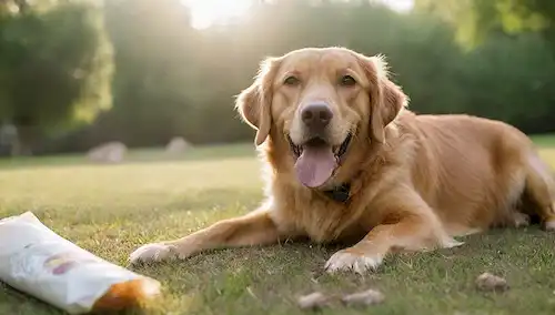 Un perro de aspecto cansado que se acostó sobre una superficie herbosa con orejas y cola, su lengua que se extiende por la boca, rodeado de tazones de agua dispersa y bolsas de caca, con un toque de sol filtrando a través de los árboles en el fondo, transmitiendo una sensación de agotamiento, deshidratación y posiblemente diarrea