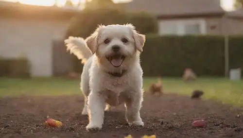 3-4 perros adorables con piel desordenada, corriendo o sentado en un patio trasero desordenado, rodeado de juguetes y heces dispersos, con una mosca de aspecto estremecedor flotando por encima, en contra de un fondo caliente del atardecer