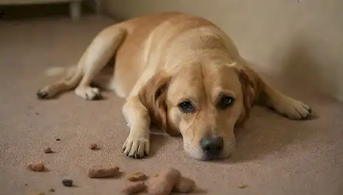 Un perro acostado en su lado con una triste expresión, rodeado de comida para perros dispersa y comidas sin comer, con algunas piezas de heces cerca; un piso desordenado o alfombra con un fuerte énfasis visual en la desordenidad; una sombra débil de un propietario preocupado en el fondo; unos pocos juguetes de perros rotos o triturados dispersos alrededor; un sutil gradiente de colores marrón y beige para evocar un sentido de malestar