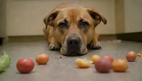 Una cara de perros con una expresión triste, babeando, rodeado de residuos de comida dispersa, frutas podridas y verduras, contadores de cocina sucia, bolas de pelo de mascotas y manchas de heces en la alfombra