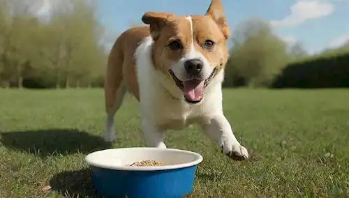 un perro feliz corriendo en un parque con hierba verde y cielo azul, un cuenco de comida al lado de él, un pequeño charco en el suelo, unas cuantas hojas dispersadas