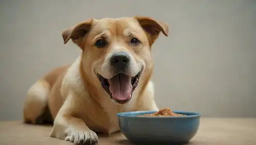 3D rendering of a happy dog, water bowl with an disturbance stool color, close-up shot of feces with mucus, illustrate of a person holding a thermometer, hand reaching for a treat
