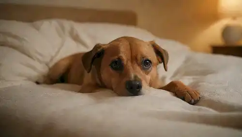 Una cálida y acogedora escena del dormitorio con una persona y su perro acostado en una cama juntos, piernas entrelazadas, mantas cubiertas sobre ellos, iluminación suave, colores calmantes, poses relajadas, atmósfera acogedor