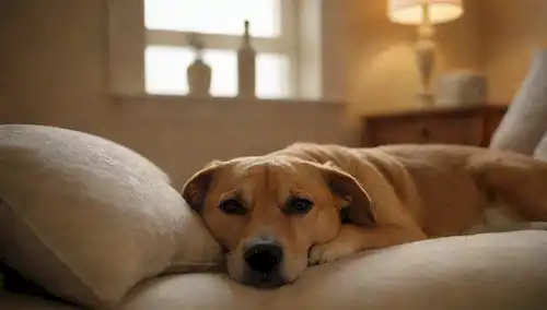 Una cálida y acogedora sala de estar, con un humano durmiendo junto a un perro relajado en una cama cómoda, rodeado de almohadas suaves, iluminación suave y colores relajantes