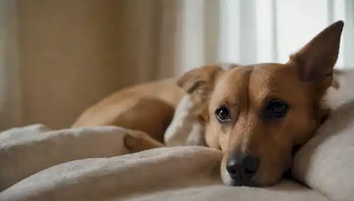 Una cálida y acogedora escena del dormitorio con una persona acostada en su lado, un perro se desliza cerca, mantas suaves y almohadas, luz natural filtrando a través de la ventana, un enfoque sutil en la interacción entre humano y animal