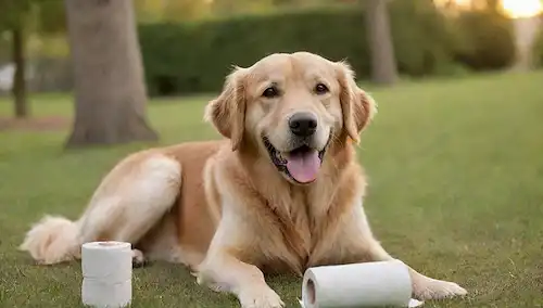 un feliz recuperador de oro sentado junto a un tazón con comida saludable, un rollo de papel higiénico vacío con una cara cachorro sorprendida, un exuberante parque de perros verdes en el fondo con árboles y flores, un ambiente tranquilo de puesta del sol con la iluminación caliente, un tiro de cerca de una momia de perros siendo masajeado por una mano suave