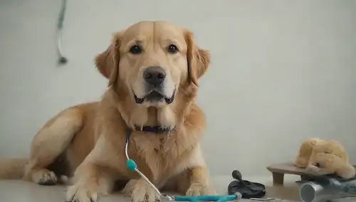 Un recuperador de oro feliz sentado en una mesa de veterinarios, rodeado de juguetes y golosinas de perros, con una mandíbula suave descansando en la mano de los veterinarios; un estetoscopio alrededor del cuello de los veterinarios, con un termómetro y otras herramientas médicas cercanas, en un entorno cálido y acogedor