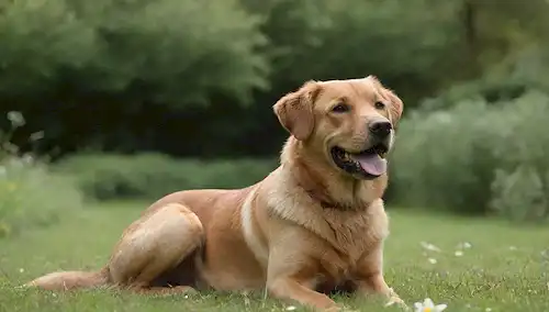 Un perro sentado en un campo pastoso