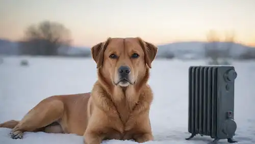 Una fotografía de un perro brillando sobre una superficie fría, con aire frío visible en el fondo, y posiblemente algunos copos de nieve cayendo, mientras que otro perro se cura tratando de calentarse junto a una fuente de calor como un radiador o un calentador, con un fondo borroso del paisaje de invierno