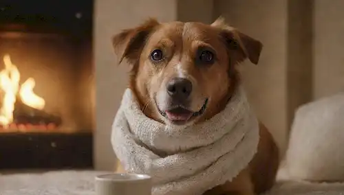 Una ilustración caliente de un perro feliz con piel suave, con un acogedor suéter o bufanda; rodeado de copos de nieve o aire frío; incorporando elementos como una chimenea, cacao caliente o un calentador para un ambiente acogedor