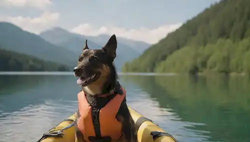 Perro con chaqueta de vida, sentado en kayak, rodeado de agua tranquila y soleado cielo, con un remo humano en el fondo, posiblemente sonriendo, con un paisaje pintoresco con árboles y colinas a la distancia