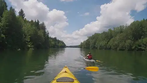 Un día de verano soleado con una persona, un perro y una paleta de kayak, rodeado de aguas tranquilas, vegetación y nubes suaves, que transmiten alegría, aventura y unión entre humanos y mascotas