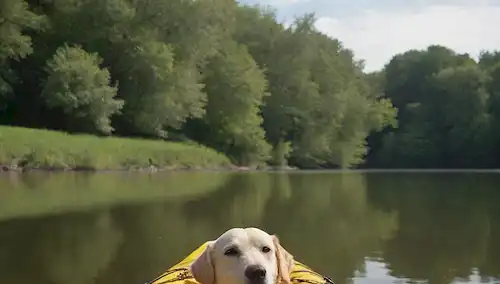 tranquilo río, paisaje sereno, perro en kayak, día soleado, árboles que bordean la orilla del río, suave flujo de agua, reflexión sobre la superficie, ambiente tranquilo, vibraciones de verano, expresión alegre en los perros cara