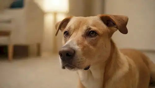 Una foto de un perro tranquilo y suave con su cabeza inclinada, ojos mirando hacia arriba, y boca ligeramente abierta en un suave tono, rodeado de fondo borroso de un ambiente hogar tranquilo con muebles mínimos, iluminación suave y sombras sutiles