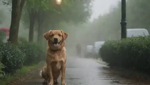 Un perro de pie bajo un paraguas, botas de lluvia en las patas, una cara sonriente, rodeado de exuberante vegetación, una suave niebla en el aire, una lámpara de calle caliente cerca, un ambiente suburbano tranquilo