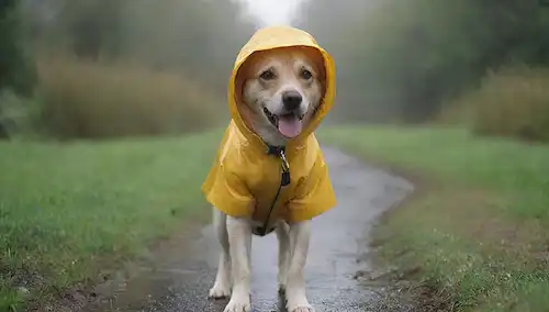 Un perro con un abrigo brillante, de pie en un charco, con un abrigo de lluvia y un sombrero, rodeado de vegetación exuberante, sosteniendo una correa en su pata, sonriendo, mirando directamente a la cámara, puesto en contra de un cielo nublado con gotas de lluvia