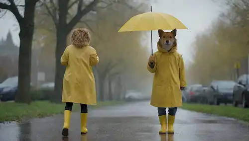 Un perro en un impermeable y botas amarillas