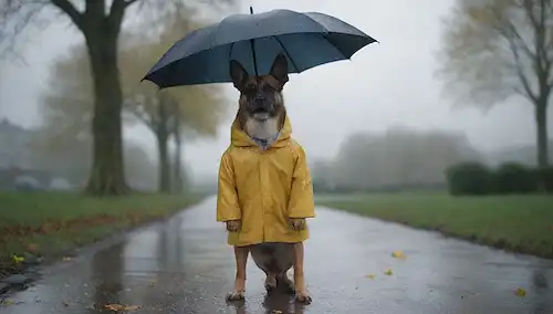 Un perro que llevaba un impermeable y botas, de pie en un pavimento con un paraguas en la mano de sus propietarios, un fondo de cielo sombrío, hojas o flores dispersadas, un banco de parques a la distancia, unas gotas de lluvia que caen de arriba