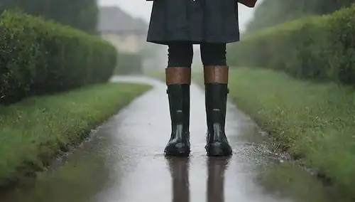 Un perro con botas de lluvia y sombrero, con sombrilla sostenida por el propietario, caminando sobre pavimento con charcos, rodeado de exuberante vegetación, cielo lluvioso arriba, luz cálida reflejada de un edificio cercano, atmósfera acogedor