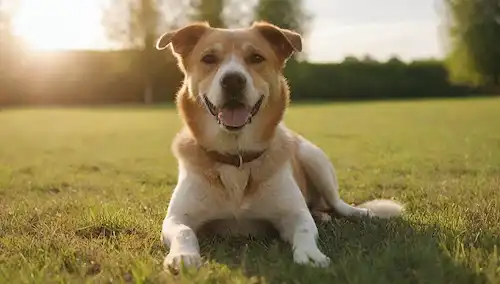 Un perro tranquilo, una persona que ofrece golosinas, hierba verde, luz solar cálida, expresión facial relajada, espacios abiertos, sin obstáculos, atmósfera alegre