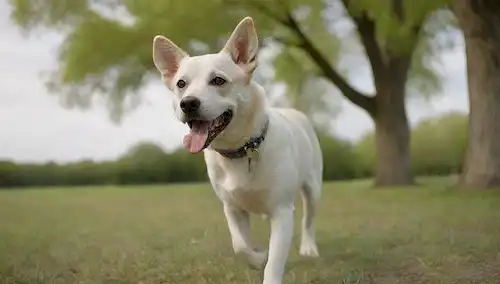 Un perro feliz caminando sobre una correa, oliendo alrededor con lengua fuera, en un parque con árboles y hierba, día soleado con cielo azul, algunas nubes, y una suave brisa