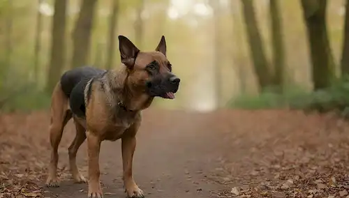 un perro caminando sobre un sendero, con hojas y ramitas que lo rodean, oliendo el aire, en foco, con fondo borroso, luz cálida, tonos terrenales