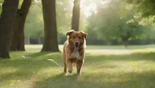 perro feliz caminando sobre correa, olfateando alrededor de árboles y flores, soleado fondo del parque, césped verde vibrante, ambiente relajado