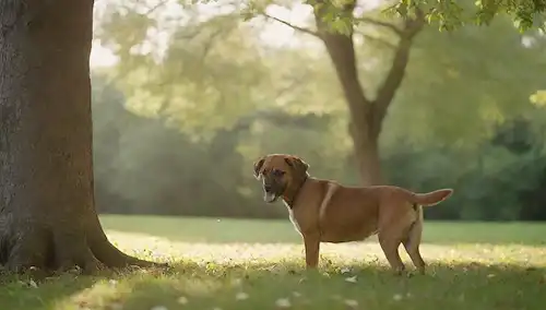 Un perro juguetón que olía alrededor de un árbol, con hojas y flores dispersas alrededor, rodeado de sol y vegetación, capturando un aire de libertad y exploración, transmitiendo alegría y curiosidad, con fondo borroso para centrar la atención en las acciones de perros
